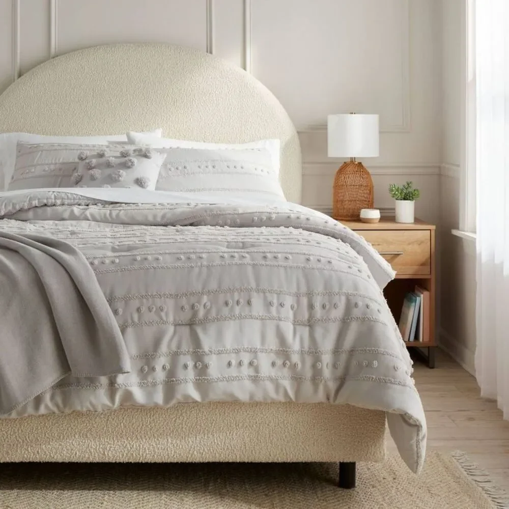 8pc Queen Clipped Stripe Poms Comforter and Sheet Set Gray -